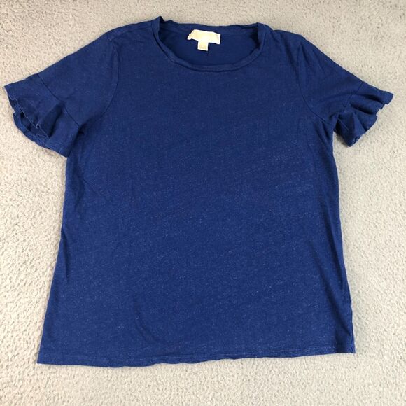 Michael Kors Blouse Womens M Blue Flake Shirt Ruffle Sleeve Preppy Round‎ Neck - Picture 1 of 7